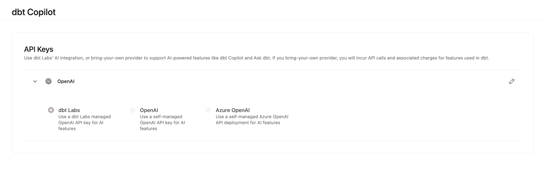 Example of the AI integration page Example of the AI integration page